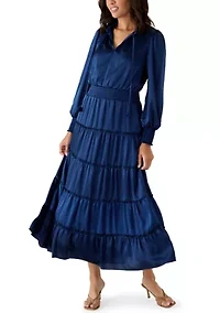 Women's Long Sleeve V-Neck Satin Tier Maxi Dress