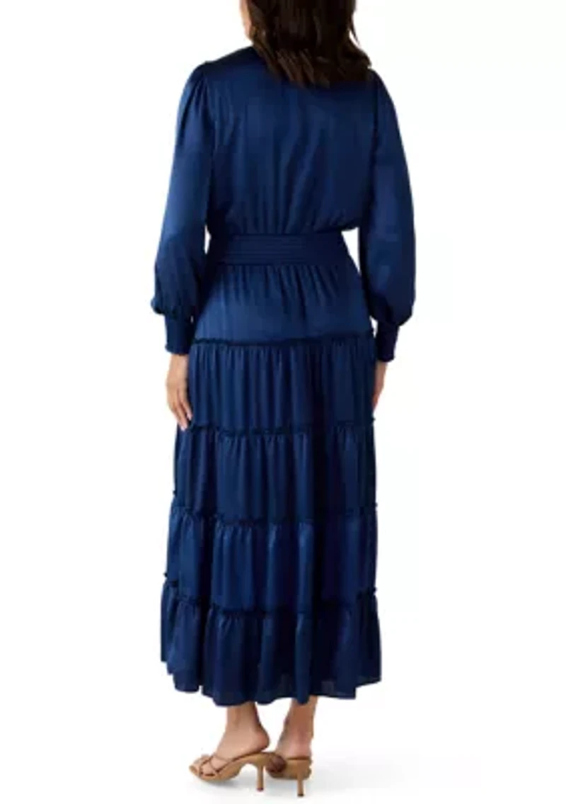 Women's Long Sleeve V-Neck Satin Tier Maxi Dress