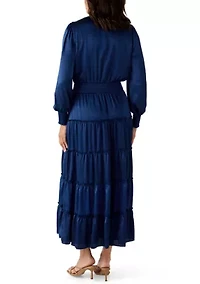 Women's Long Sleeve V-Neck Satin Tier Maxi Dress