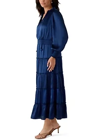 Women's Long Sleeve V-Neck Satin Tier Maxi Dress
