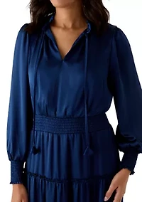 Women's Long Sleeve V-Neck Satin Tier Maxi Dress