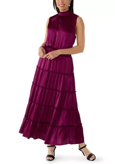 Women's Sleeveless Tie Neck Tiered Maxi Dress