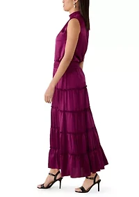 Women's Sleeveless Tie Neck Tiered Maxi Dress