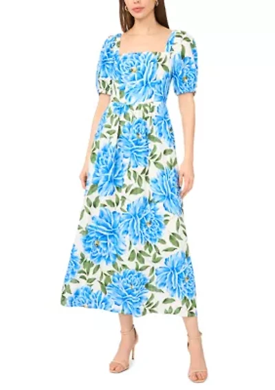 Women's Short Sleeve Floral Linen Maxi Dress
