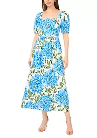 Women's Short Sleeve Floral Linen Maxi Dress
