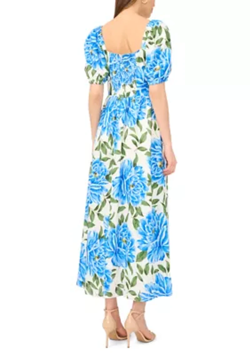 Women's Short Sleeve Floral Linen Maxi Dress