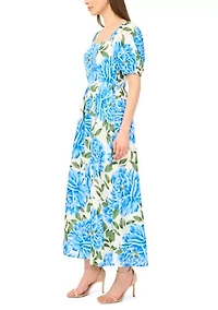Women's Short Sleeve Floral Linen Maxi Dress