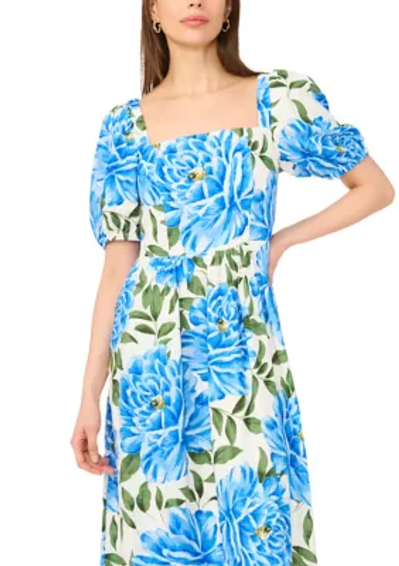 Women's Short Sleeve Floral Linen Maxi Dress