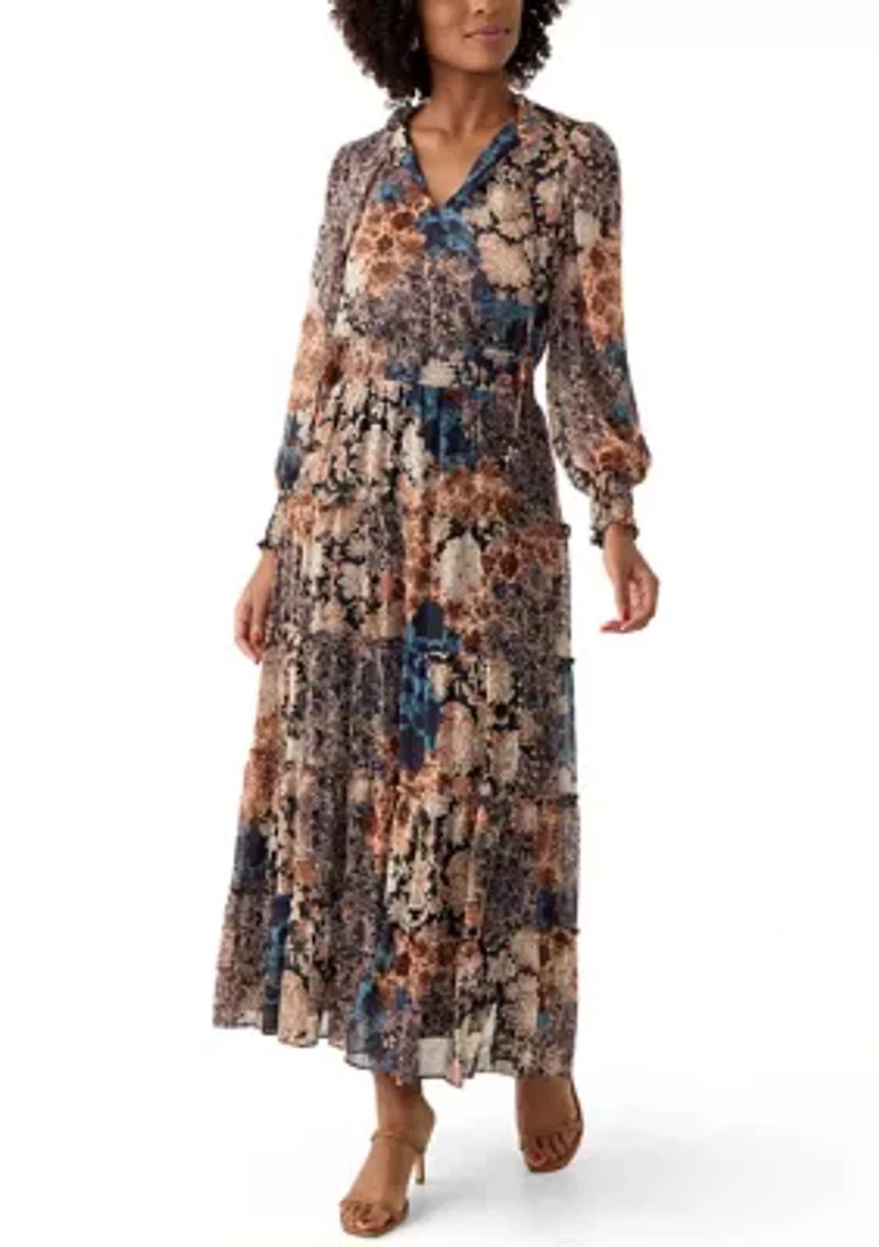 Women's Long Sleeve V-Neck Floral Print Tiered Ruffle Hem Midi Dress