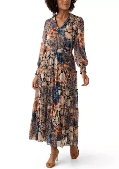 Women's Long Sleeve V-Neck Floral Print Tiered Ruffle Hem Midi Dress