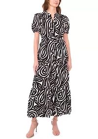 Women's Short Sleeve Printed Linen A-Line Dress