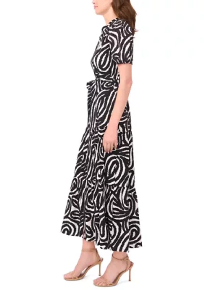 Women's Short Sleeve Printed Linen A-Line Dress