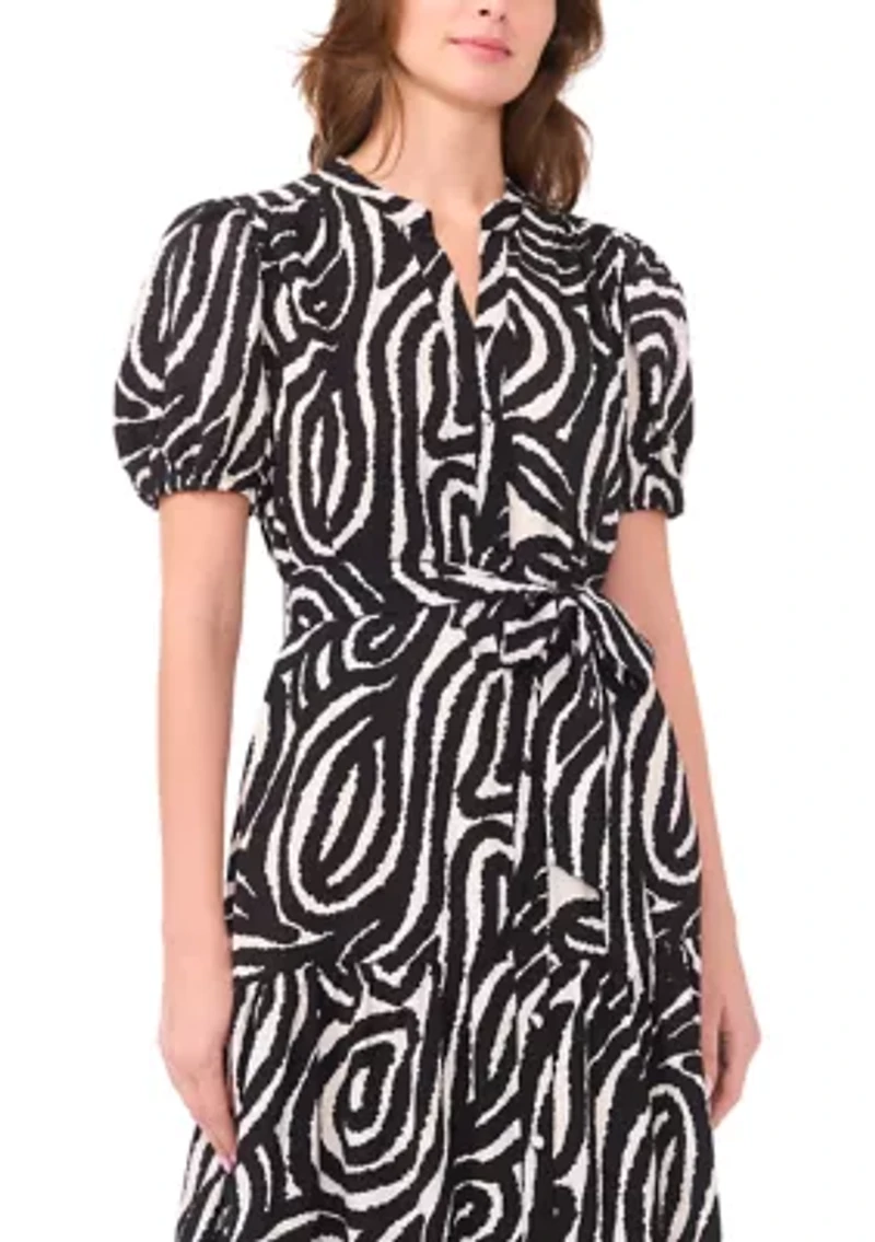Women's Short Sleeve Printed Linen A-Line Dress
