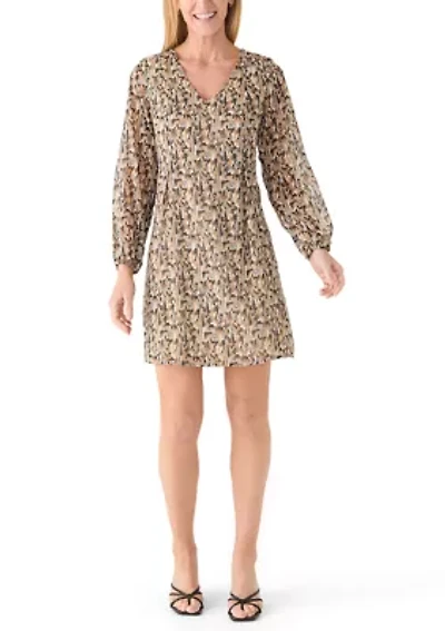 Women's Long Sleeve V-Neck Tie Back Abstract Print Dress