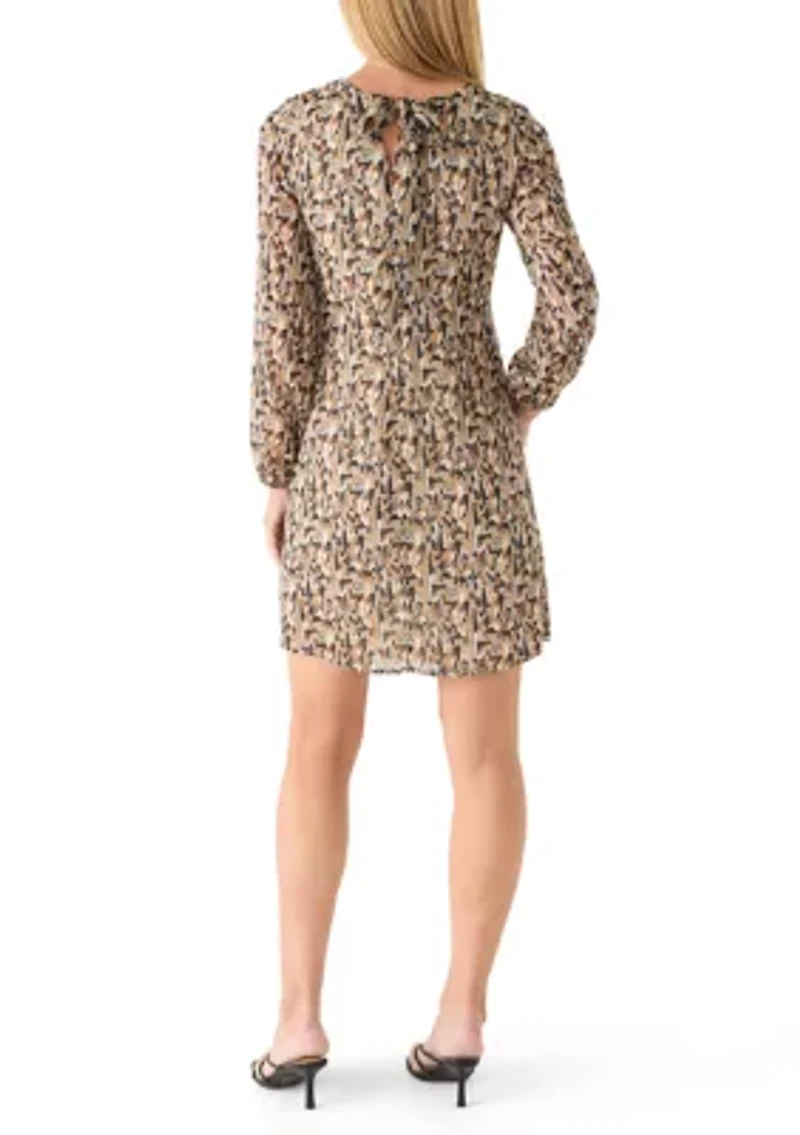 Women's Long Sleeve V-Neck Tie Back Abstract Print Dress