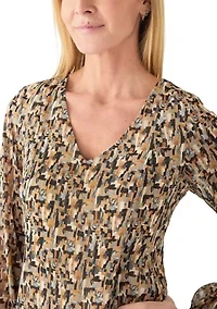 Women's Long Sleeve V-Neck Tie Back Abstract Print Dress