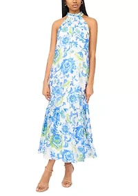 Women's Halter Floral Challis Maxi Dress