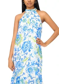 Women's Halter Floral Challis Maxi Dress