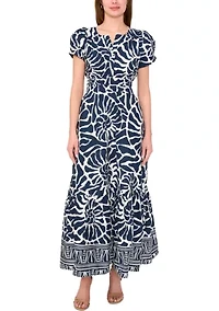 Women's Short Sleeve Split Neck Printed Maxi Dress