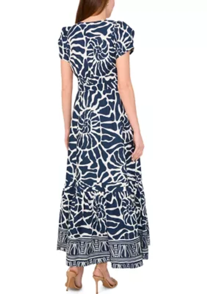 Women's Short Sleeve Split Neck Printed Maxi Dress