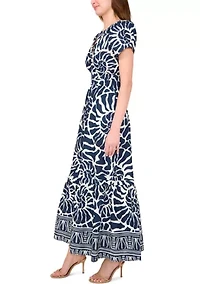 Women's Short Sleeve Split Neck Printed Maxi Dress