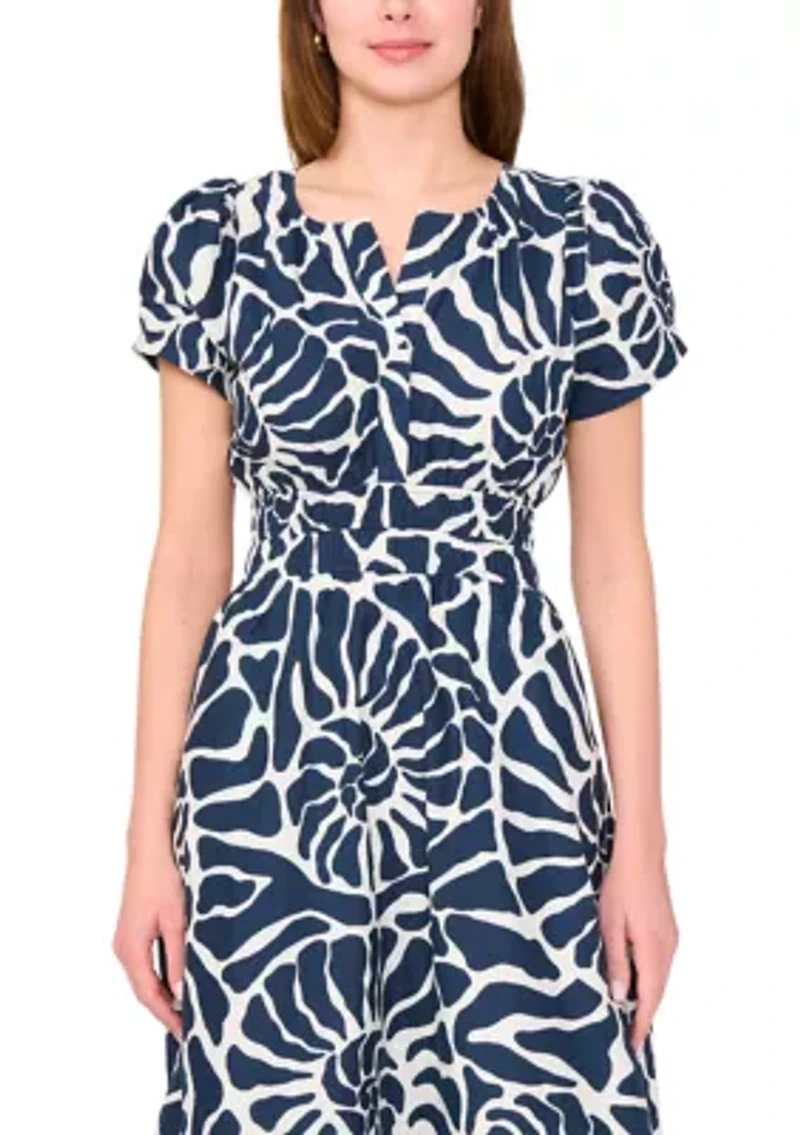 Women's Short Sleeve Split Neck Printed Maxi Dress