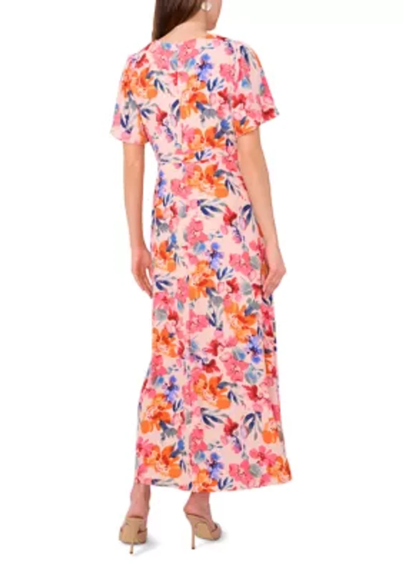 Women's Flutter Sleeve V-Neck Floral Print Chiffon Dress