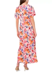 Women's Flutter Sleeve V-Neck Floral Print Chiffon Dress