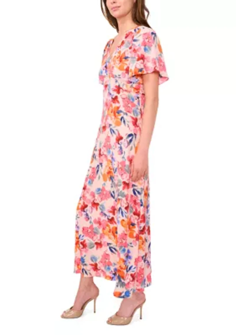 Women's Flutter Sleeve V-Neck Floral Print Chiffon Dress