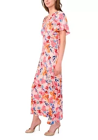 Women's Flutter Sleeve V-Neck Floral Print Chiffon Dress