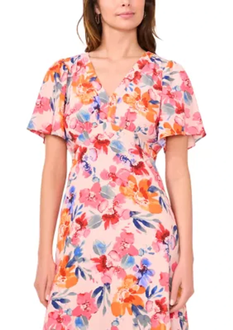 Women's Flutter Sleeve V-Neck Floral Print Chiffon Dress