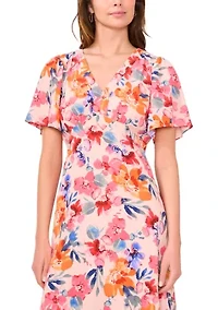 Women's Flutter Sleeve V-Neck Floral Print Chiffon Dress
