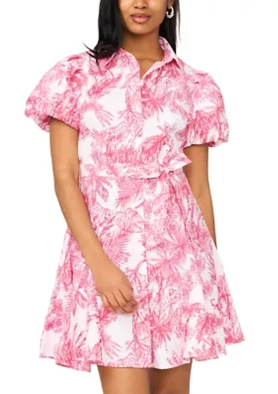 Women's Short Puff Sleeve Printed Babydoll Dress