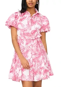 Women's Short Puff Sleeve Printed Babydoll Dress