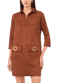 Women's 3-Quarter Collar Neck Suede A-Line Dress