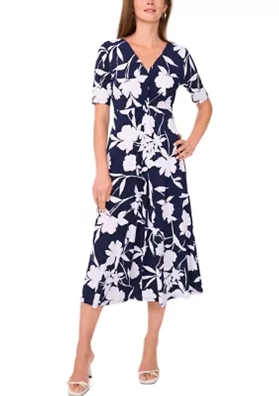 Women's Short Sleeve V-Neck Floral Print Midi Dress
