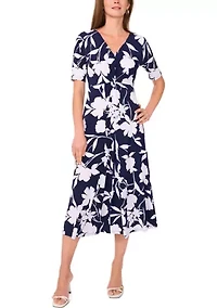 Women's Short Sleeve V-Neck Floral Print Midi Dress