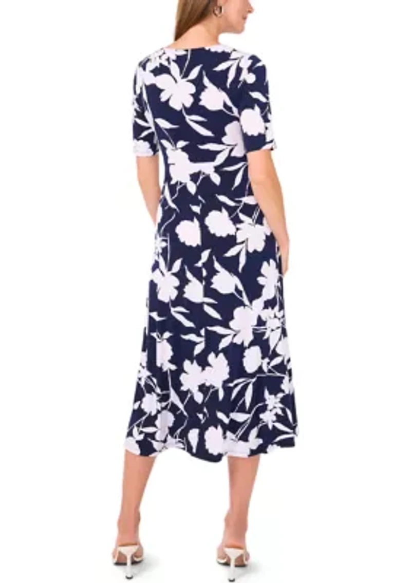 Women's Short Sleeve V-Neck Floral Print Midi Dress