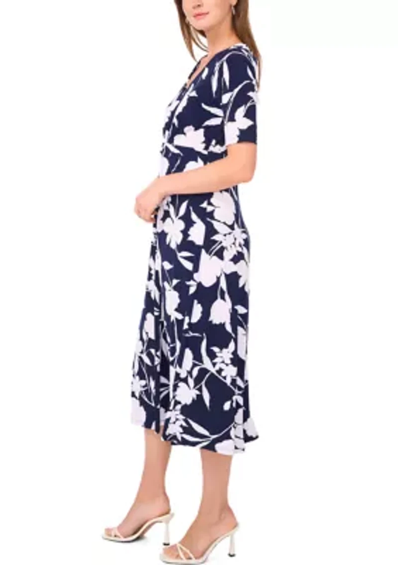 Women's Short Sleeve V-Neck Floral Print Midi Dress