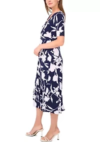 Women's Short Sleeve V-Neck Floral Print Midi Dress