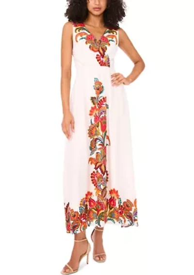 Women's Sleeveless V-Neck Abstract Floral Print Dress