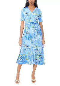 Women's Tie Waist Print A-Line Midi Dress