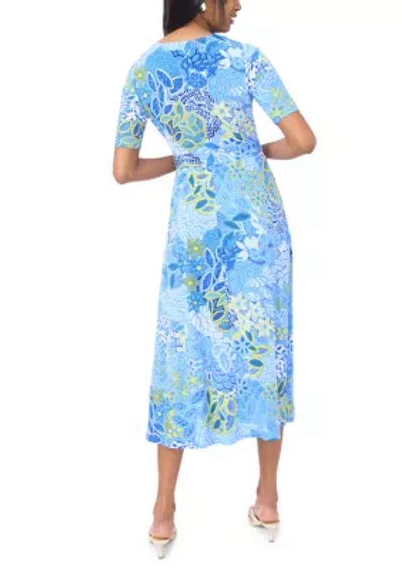 Women's Tie Waist Print A-Line Midi Dress