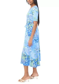 Women's Tie Waist Print A-Line Midi Dress