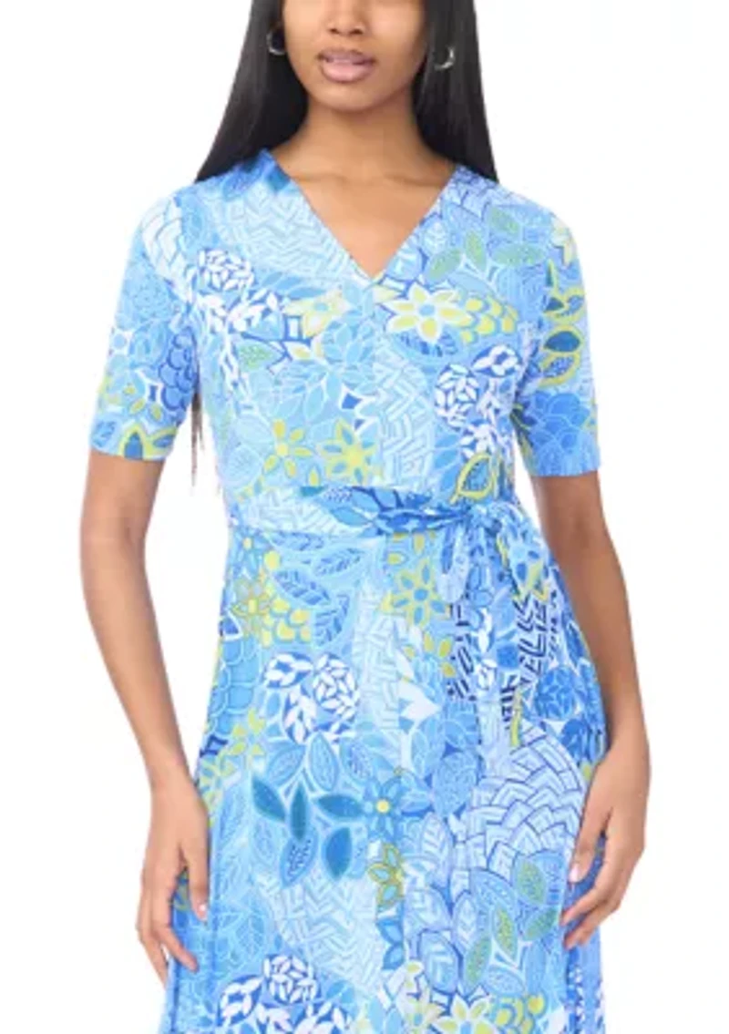 Women's Tie Waist Print A-Line Midi Dress