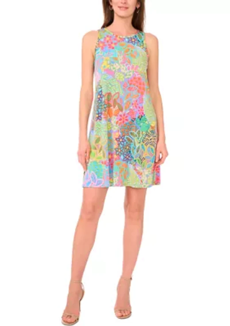 Women's Sleeveless Crew Neck Printed A-Line Dress