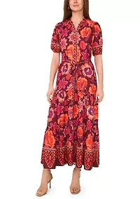 Women's Short Sleeve Mock Neck Floral Print Chiffon Dress