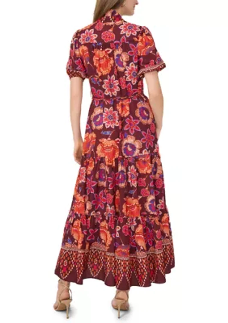 Women's Short Sleeve Mock Neck Floral Print Chiffon Dress