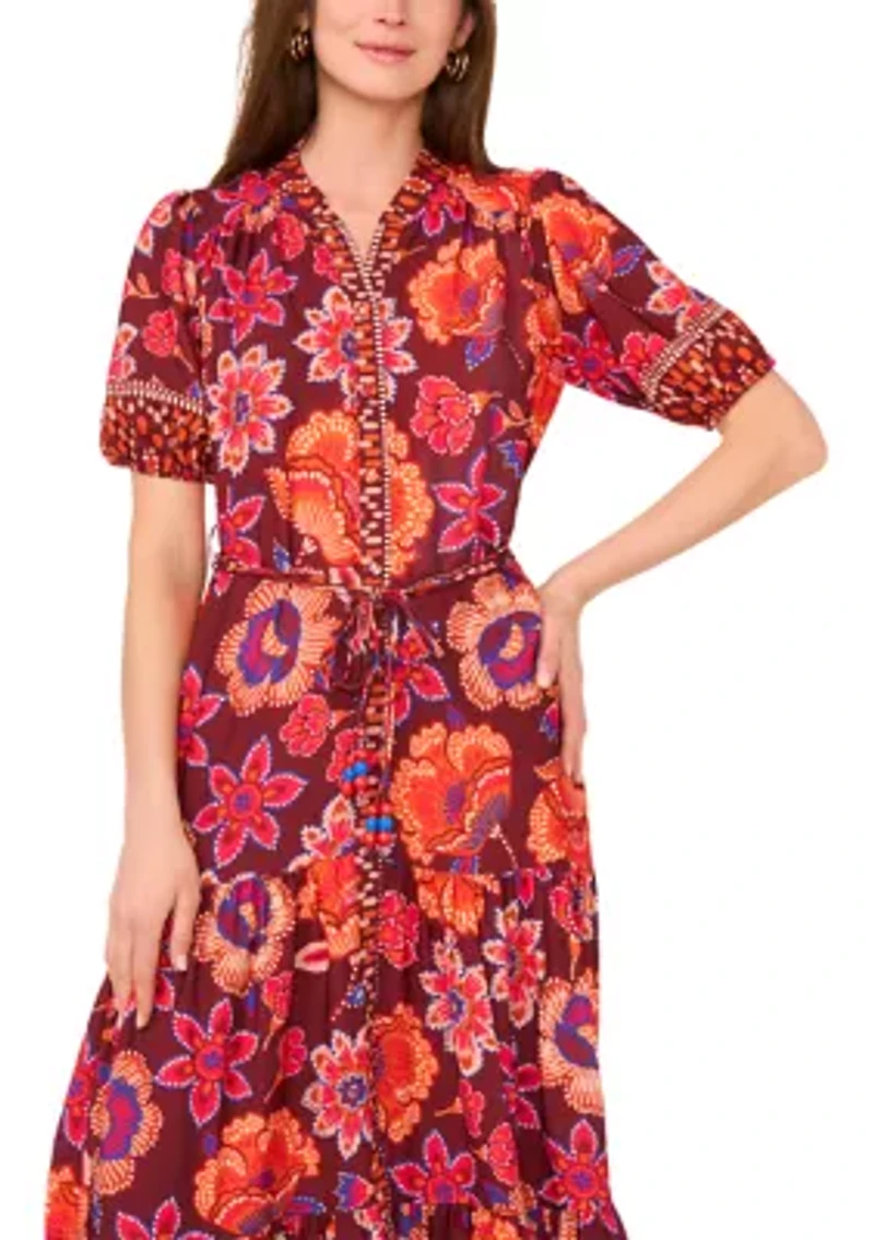 Women's Short Sleeve Mock Neck Floral Print Chiffon Dress