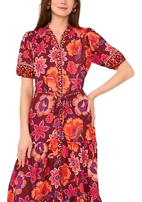 Women's Short Sleeve Mock Neck Floral Print Chiffon Dress